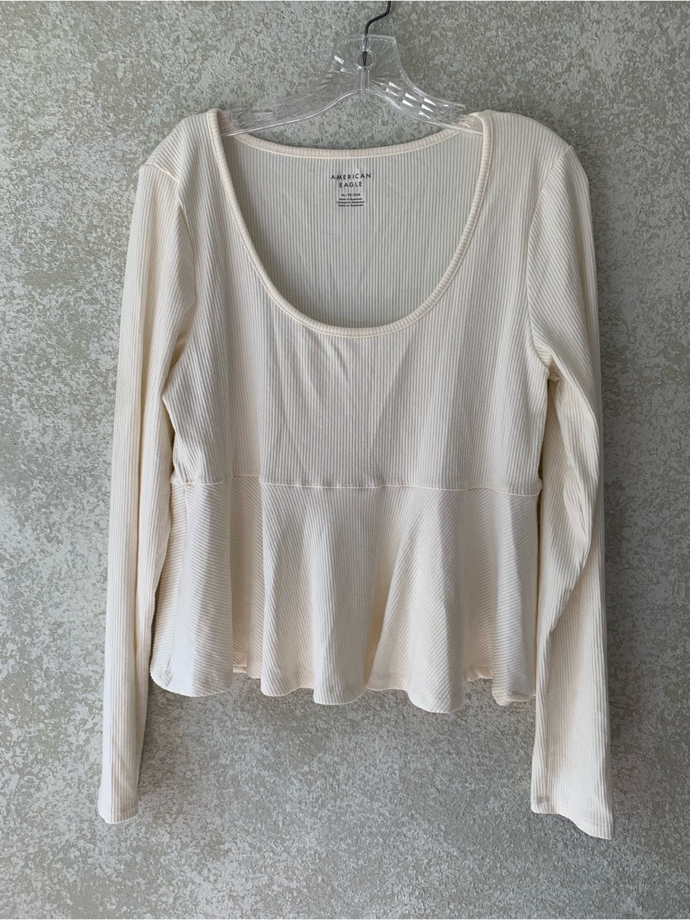American Eagle Outfitters Cream Ribbed Peplum Long Sleeve Top